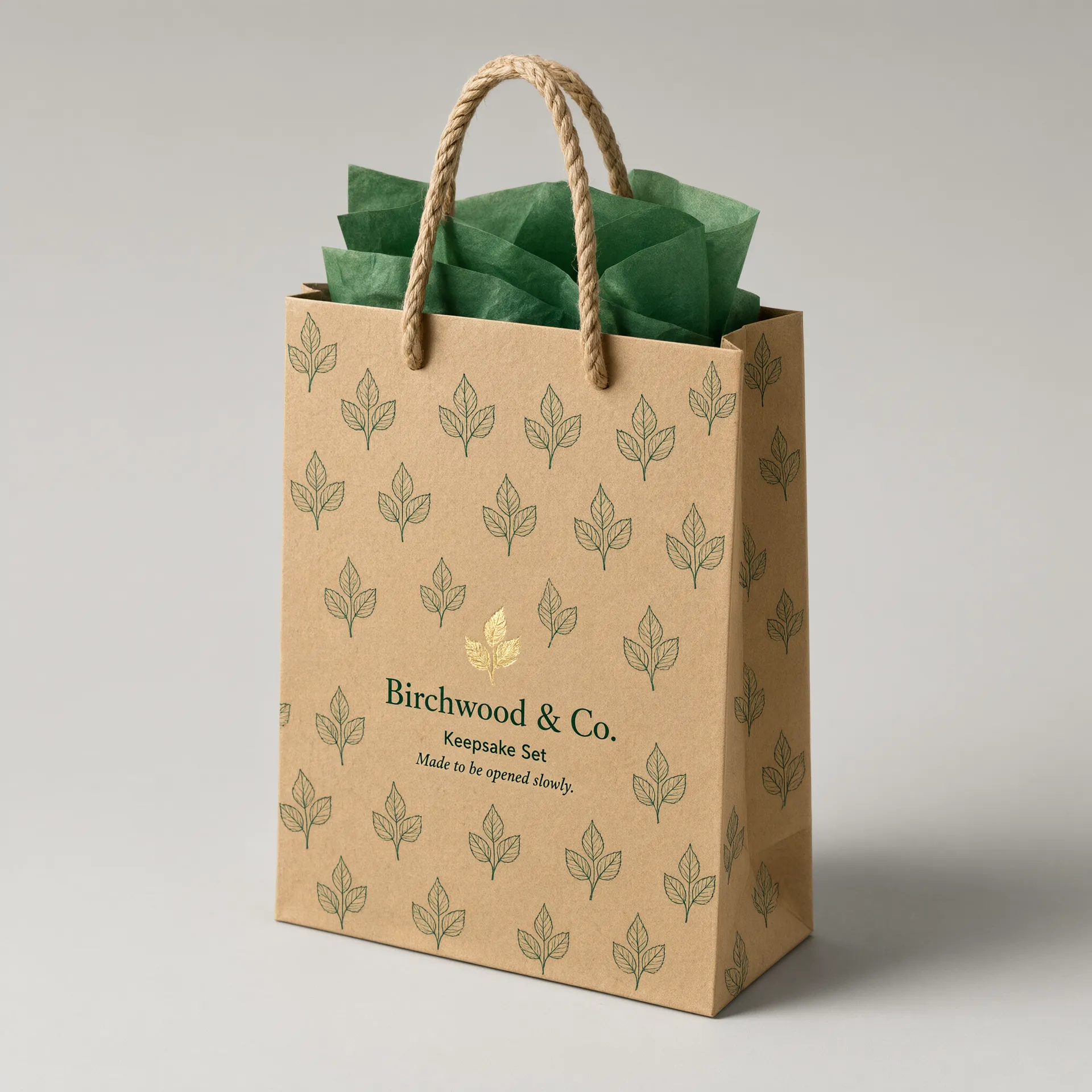 Kraft gift bag styled with tissue paper for gifting presentation