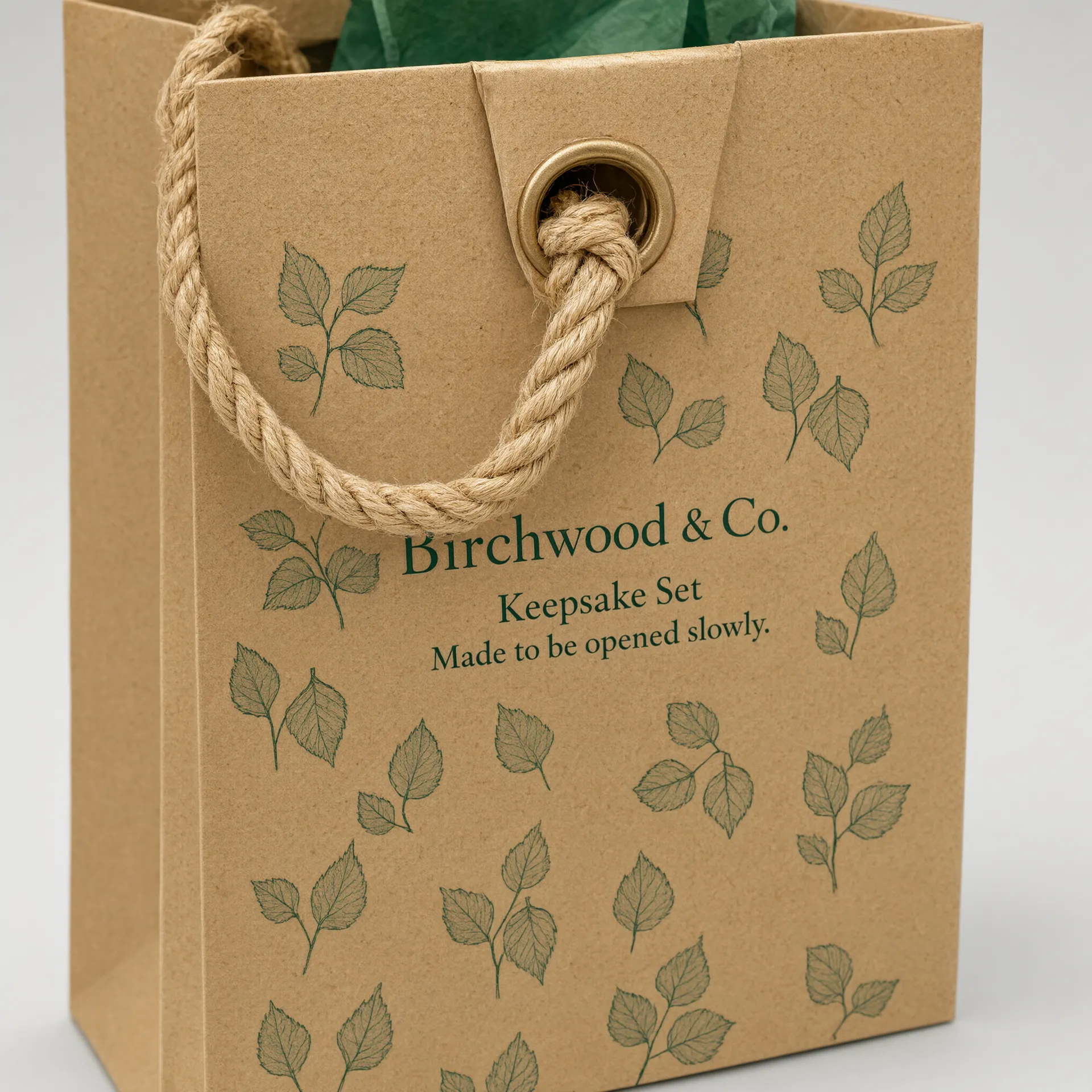 Close-up of a reinforced rope handle on a kraft gift bag