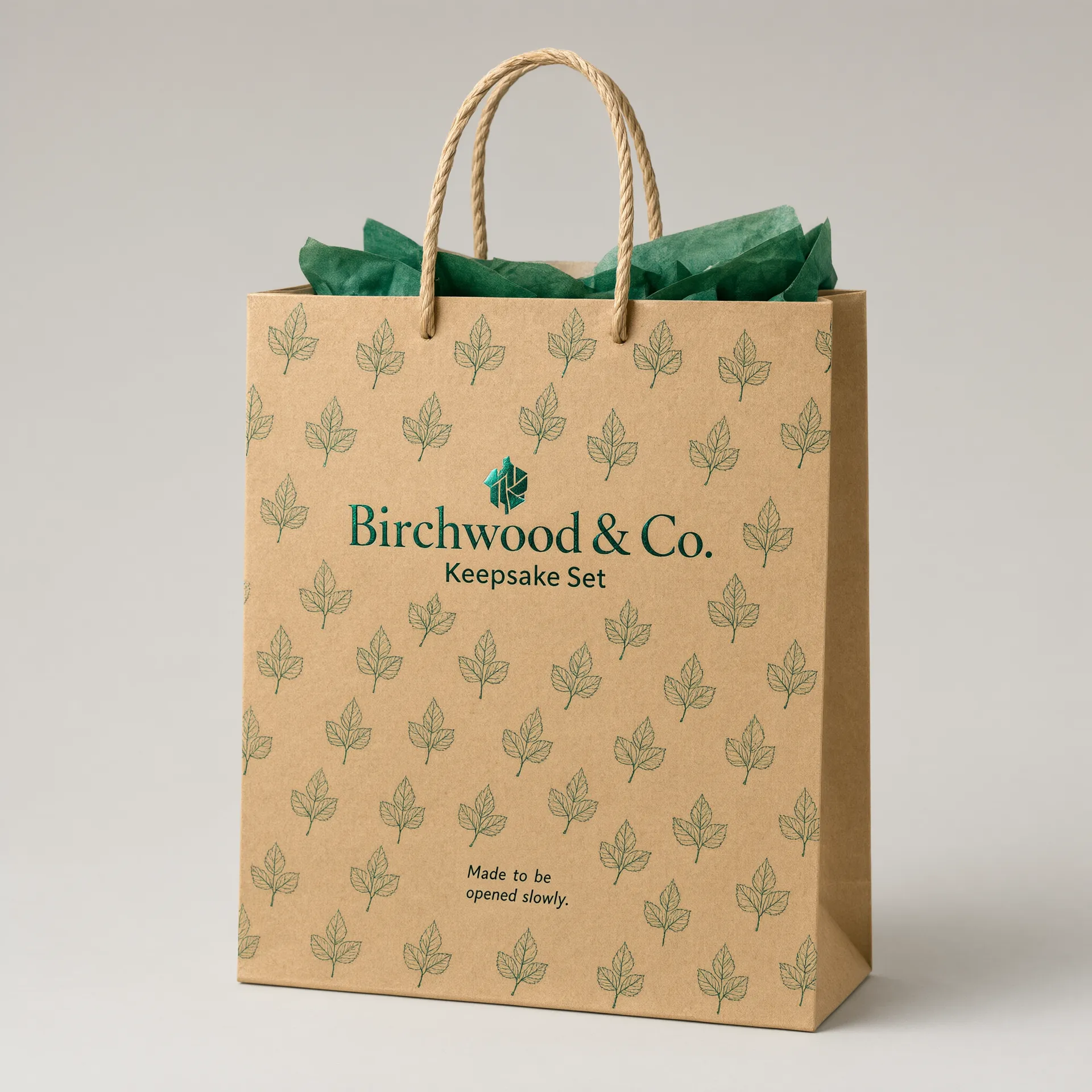 Kraft paperboard gift bag with rope handles and printed branding
