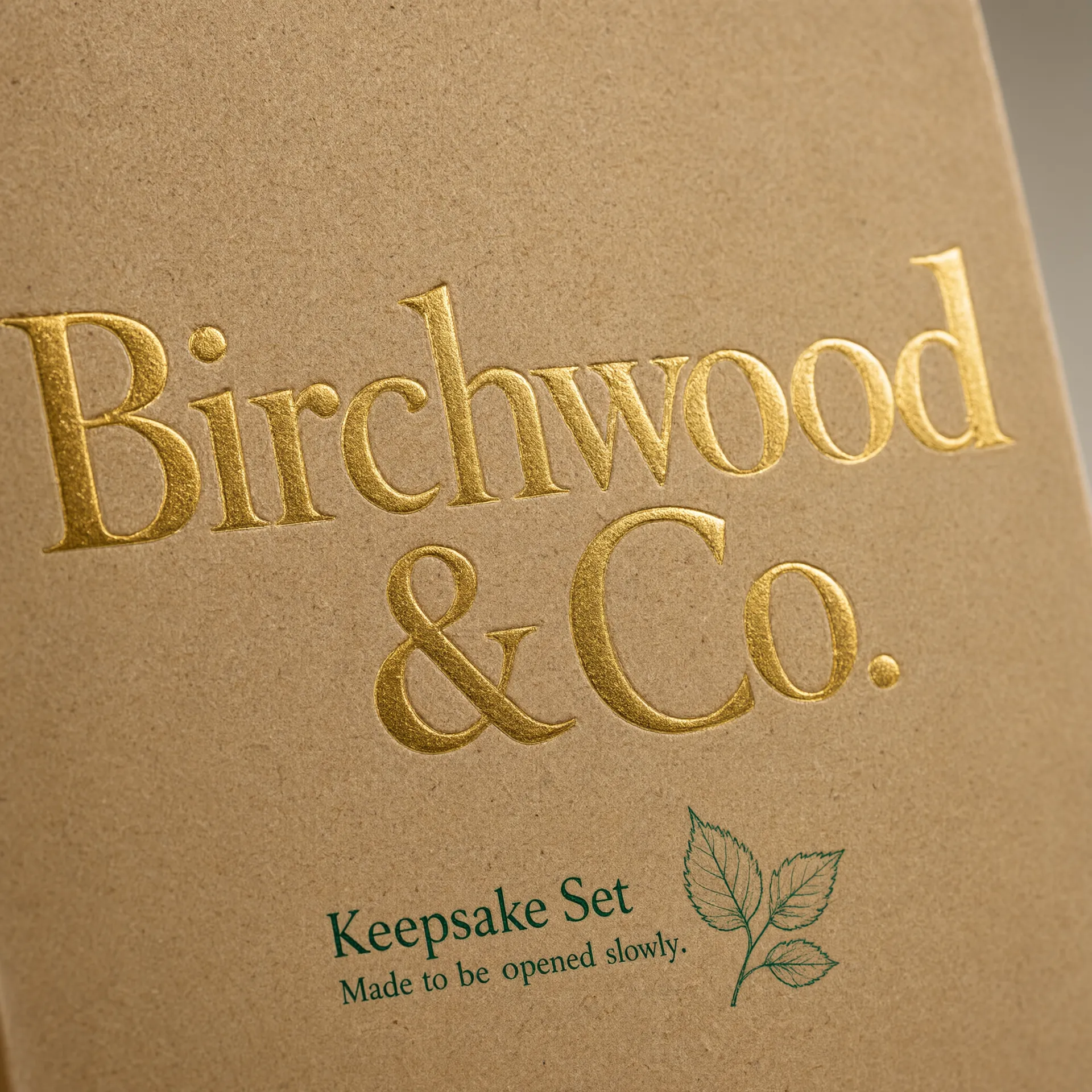 Foil-stamped brand mark on a matte-laminated gift bag surface