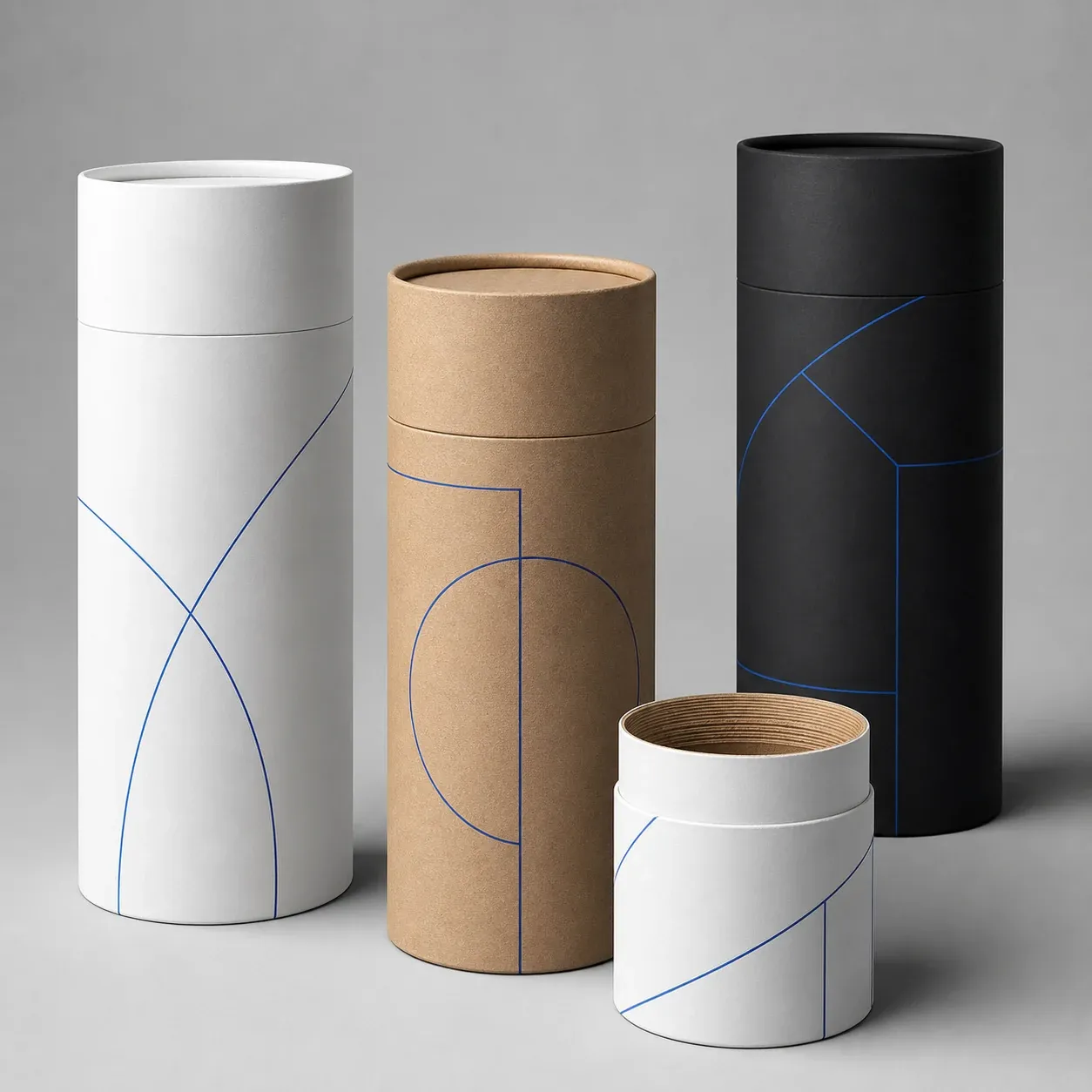 White, kraft, and charcoal paper tubes arranged on a neutral gray studio set