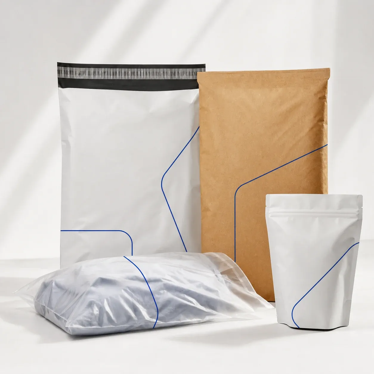 Printed flexible mailers and pouches arranged on a neutral studio background