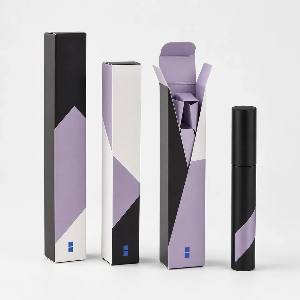 Easybox mascara cartons with matte black and lilac artwork