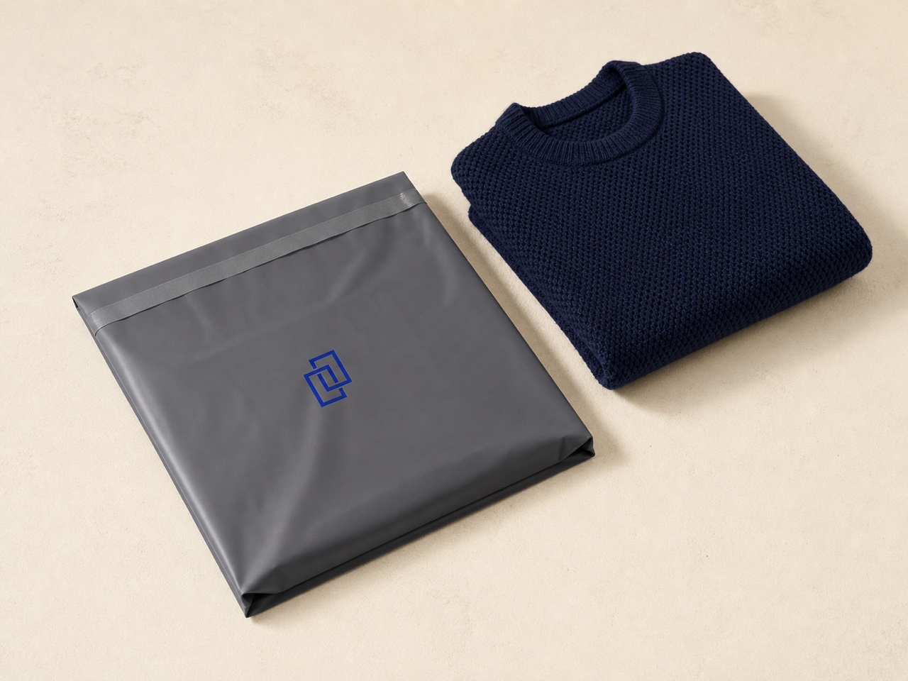 Grey apparel garment bag beside folded navy clothing