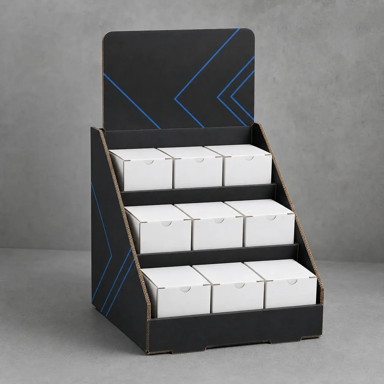 Charcoal corrugated retail counter display holding nine white product cartons