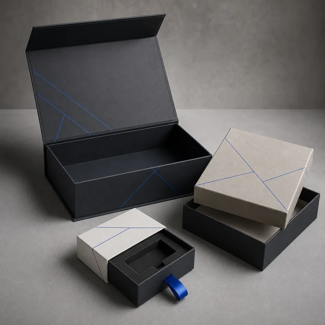 Collection of open rigid presentation boxes with fitted inserts on a charcoal studio set