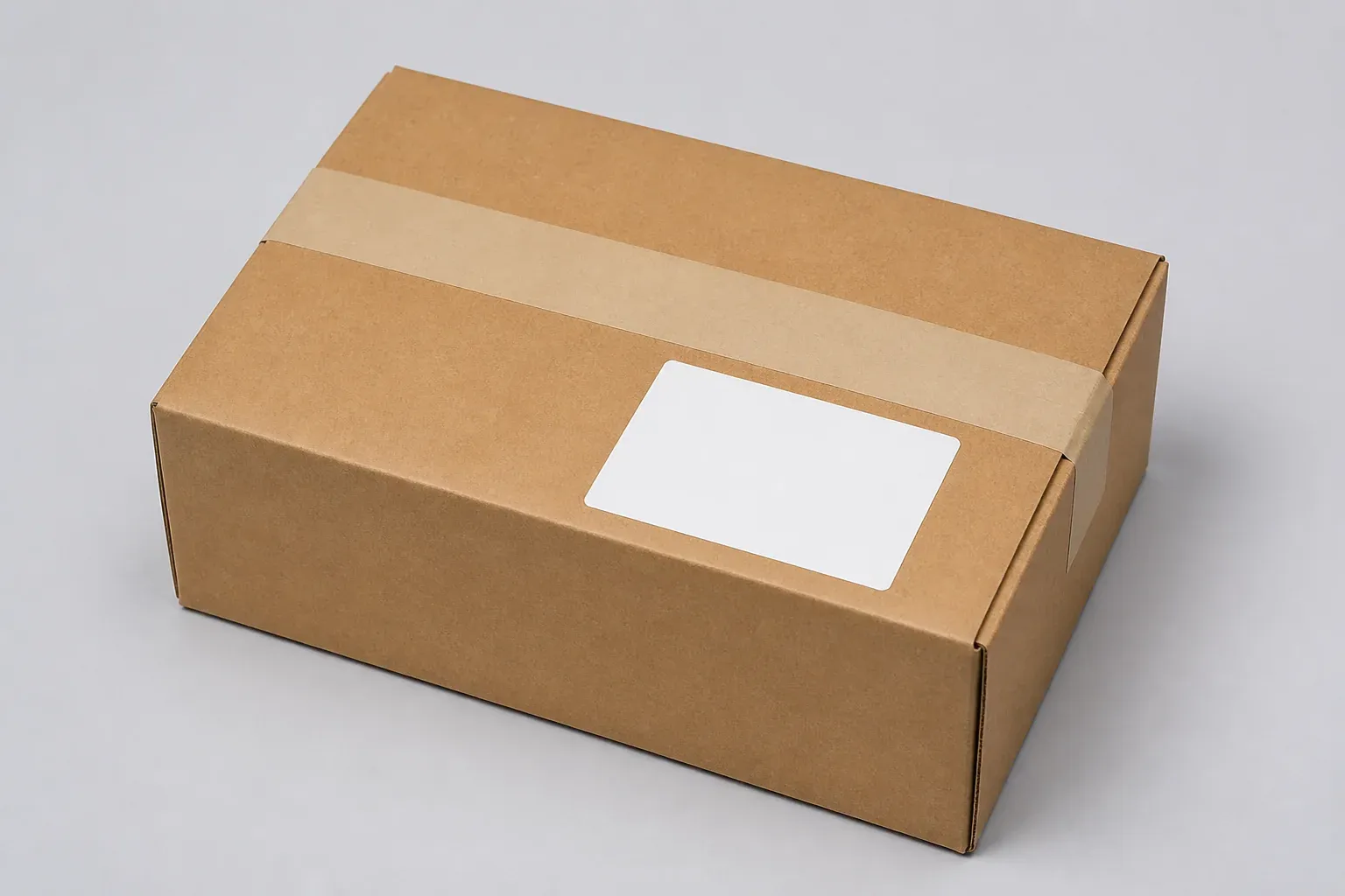 Closed kraft shipping box with paper tape and a blank white label panel
