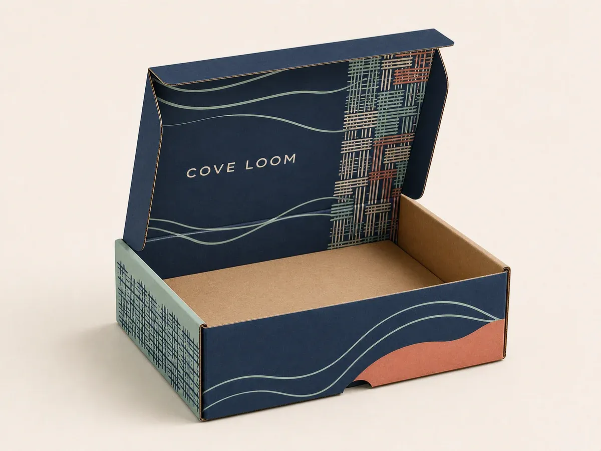 Illustrative open custom subscription mailer with a printed navy inside lid