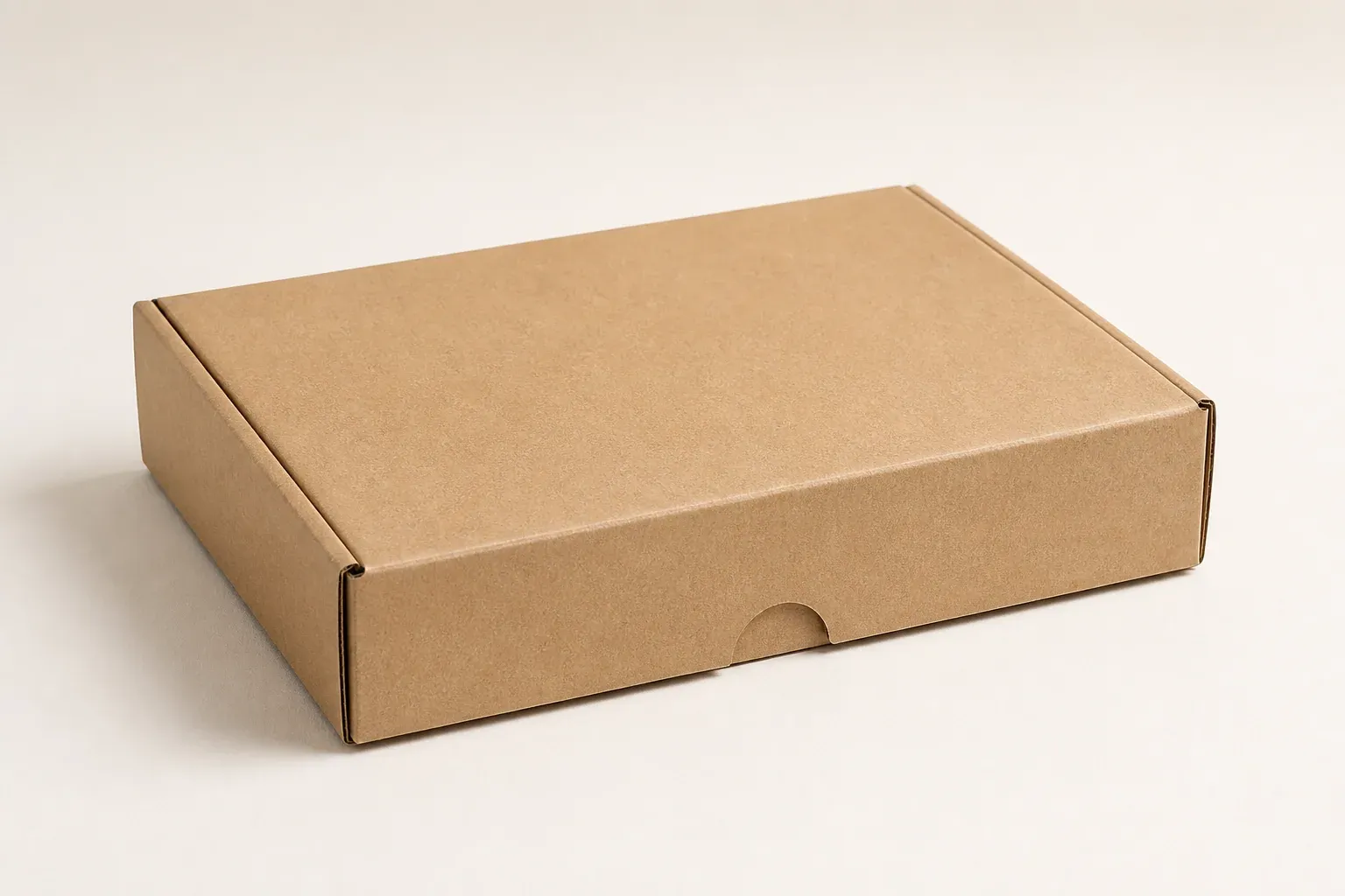 Closed natural kraft corrugated mailer box shown from a low angle