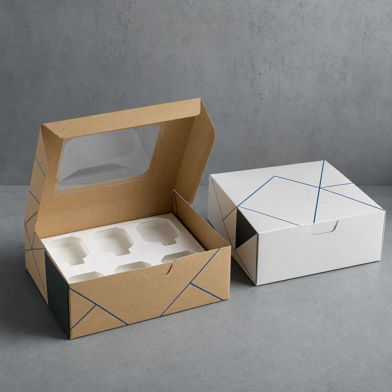 Open kraft bakery carrier with a fitted insert beside a closed white bakery box