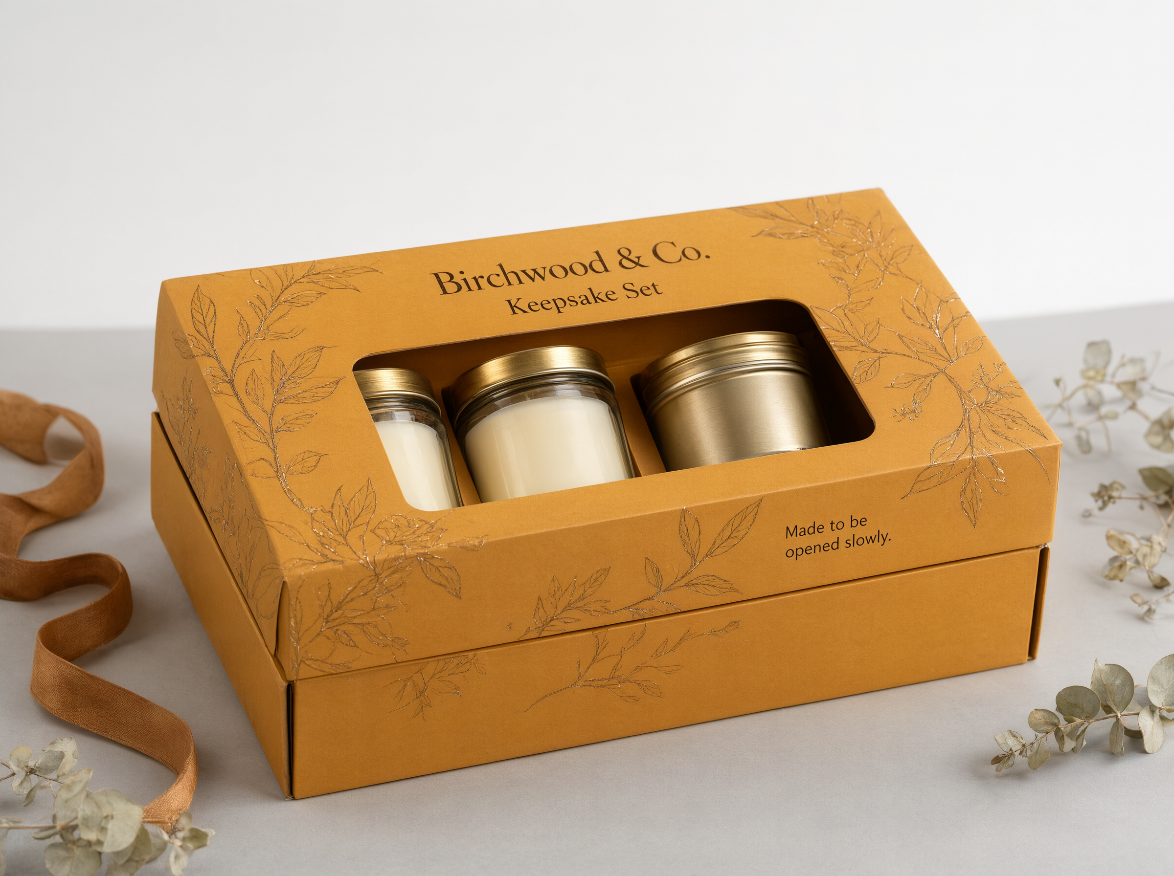 Honey amber rigid candle gift box styled on a neutral surface as a presented gift
