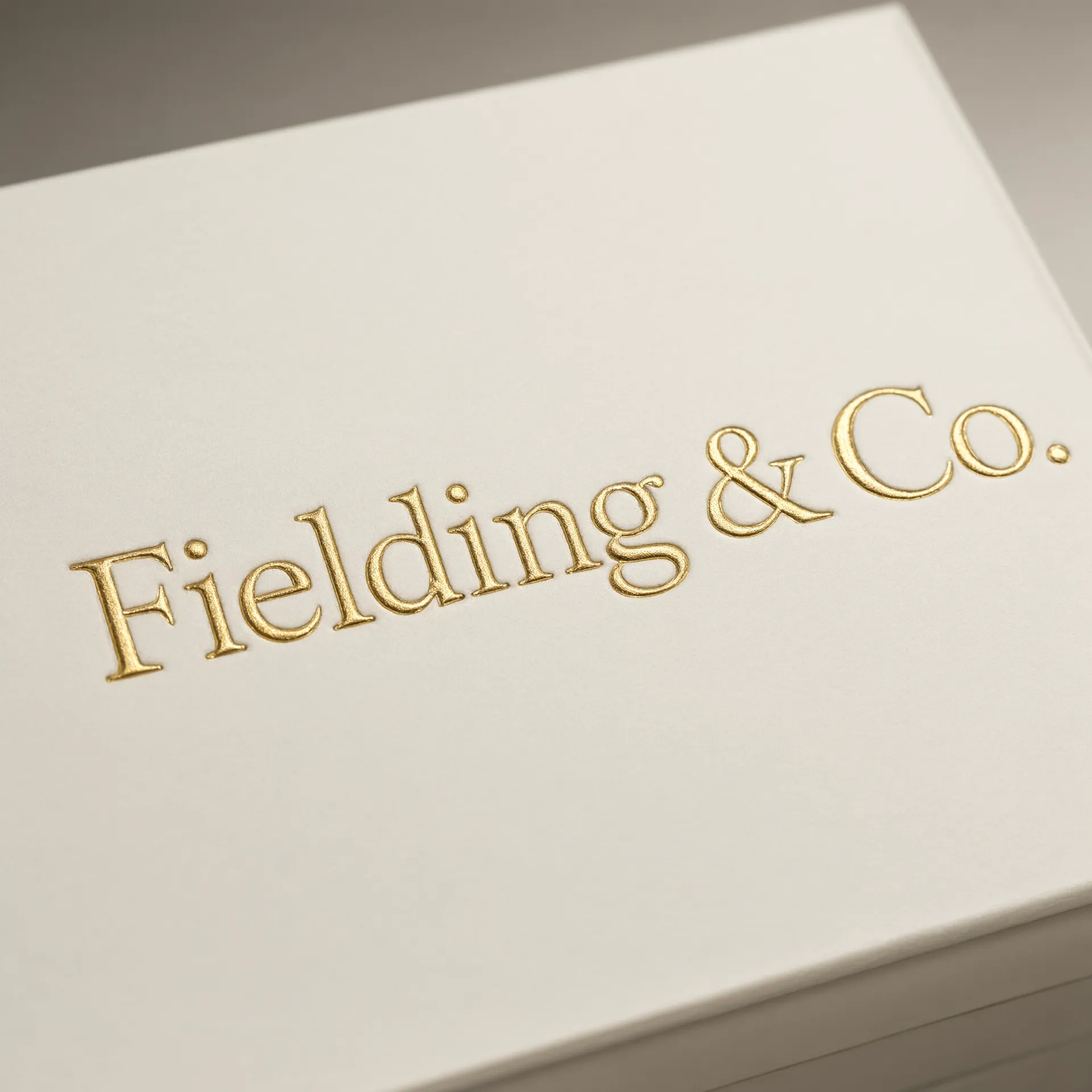 Foil-stamped brand mark on a matte-laminated ivory jewelry box lid