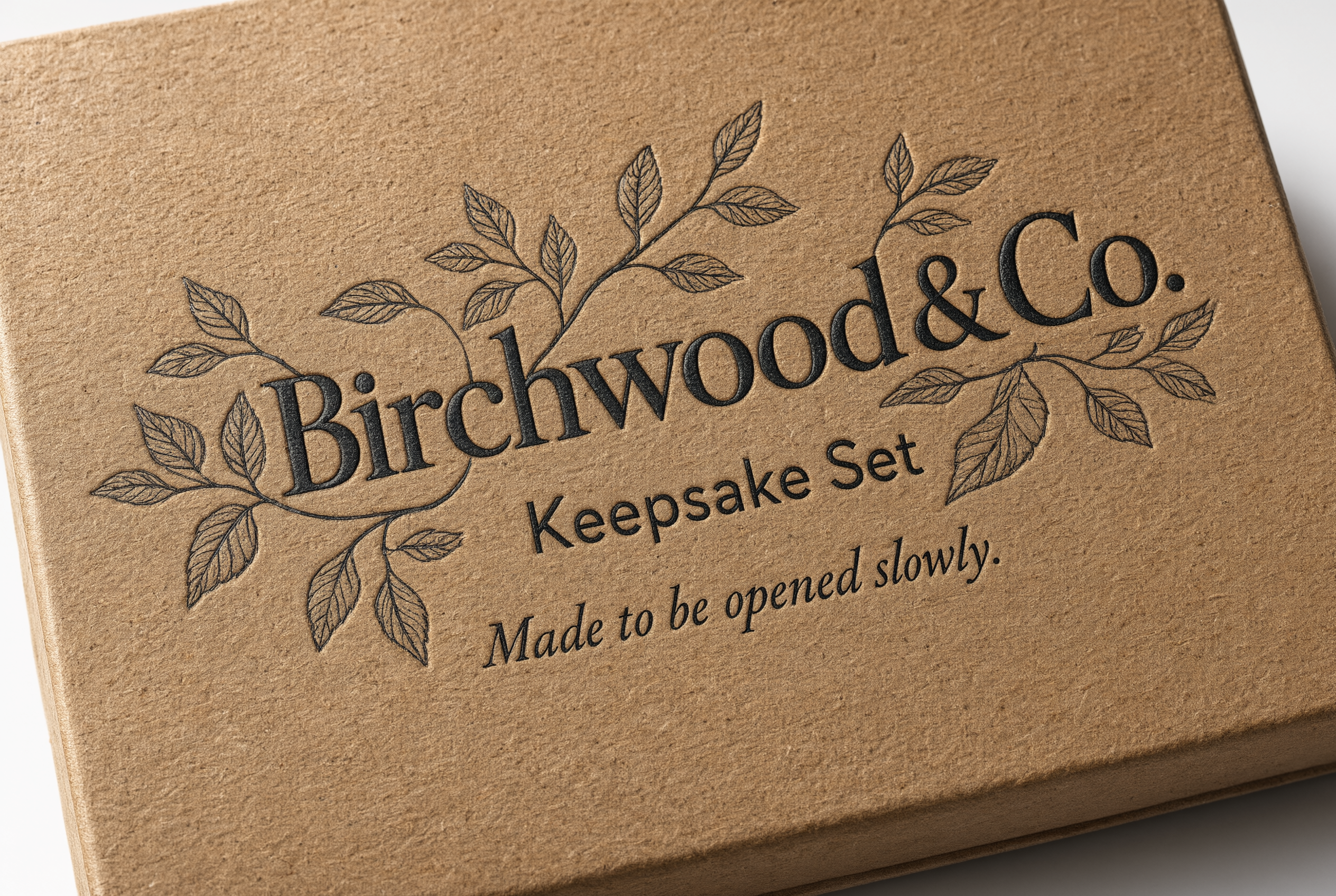 Close-up of black foil embossing on kraft brown paperboard showing the botanical motif