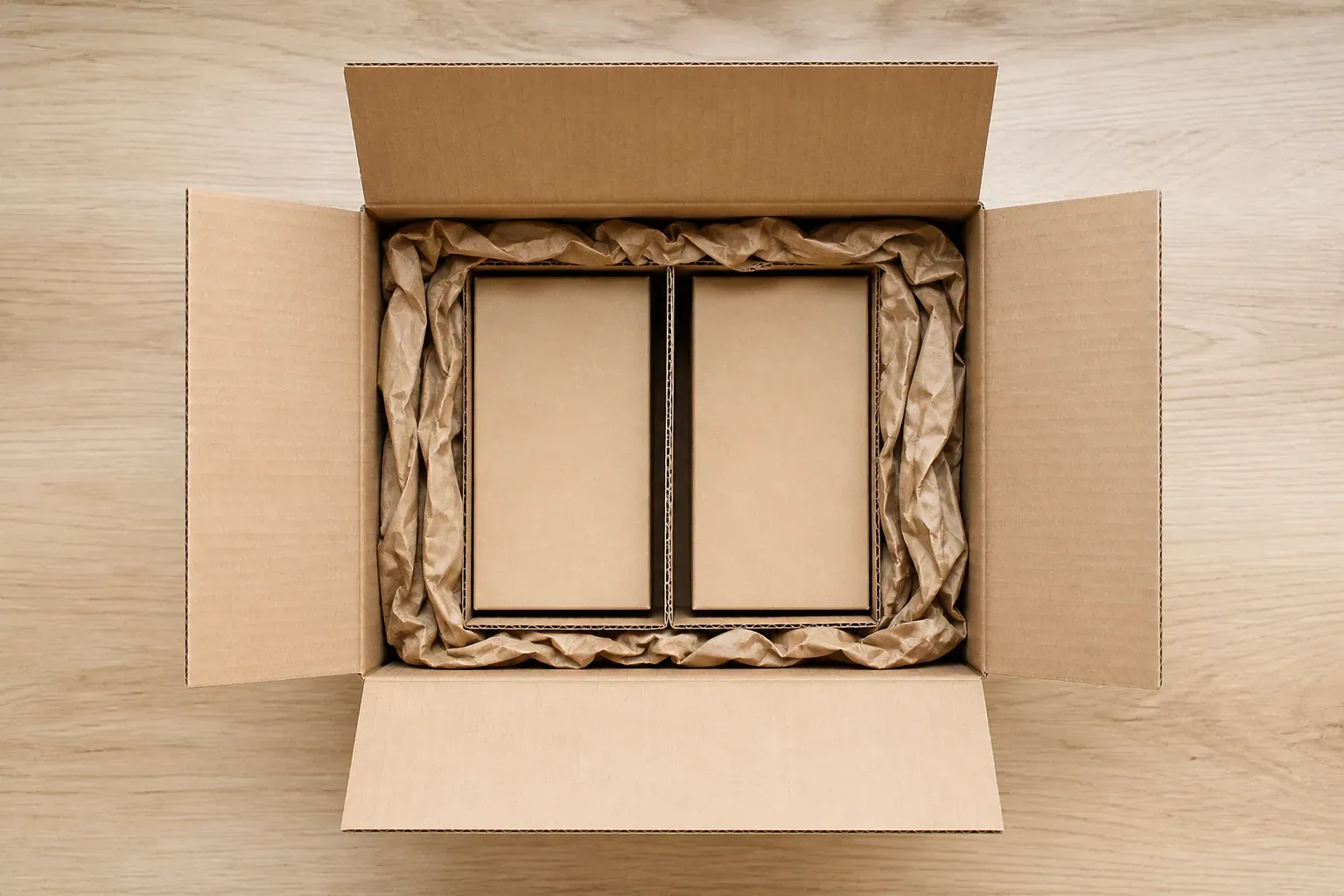 Open shipping carton with two plain boxes corrugated dividers and paper void fill