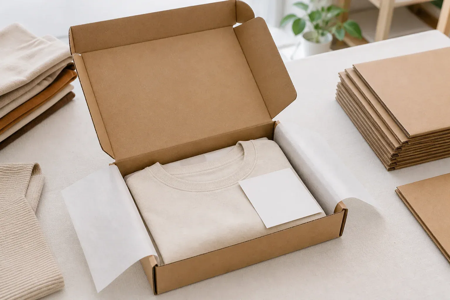 Kraft mailer box packed with a folded neutral garment tissue and blank card