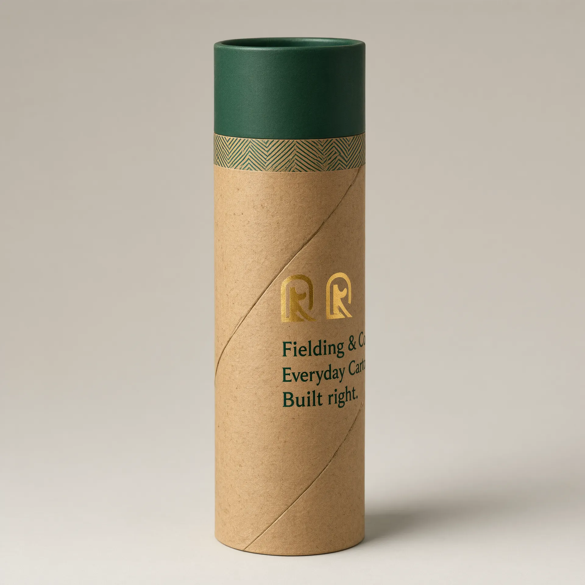 Side angle of a kraft paperboard tube with its forest-green cap seated