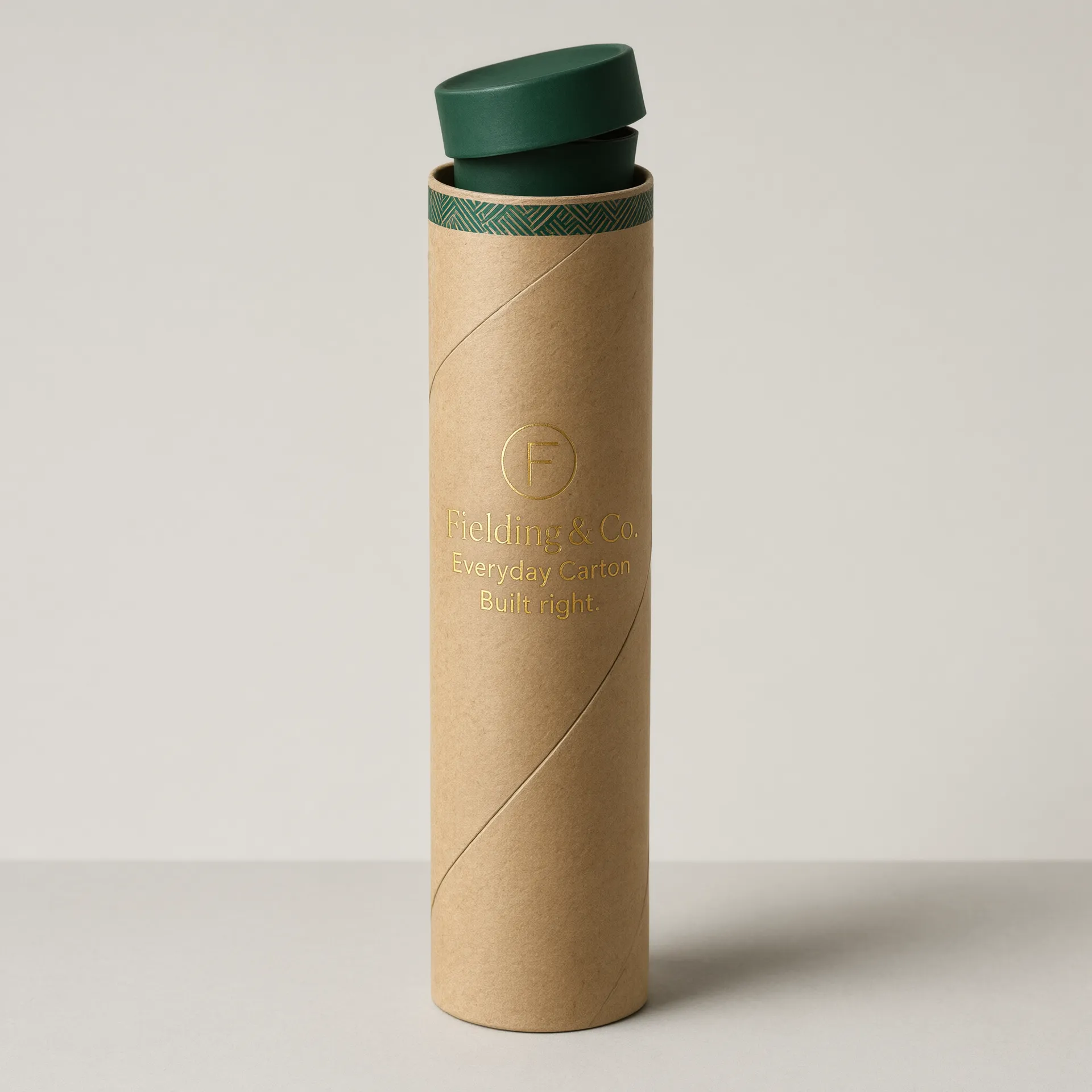Kraft tube packaging styled upright with its cap lifted for presentation