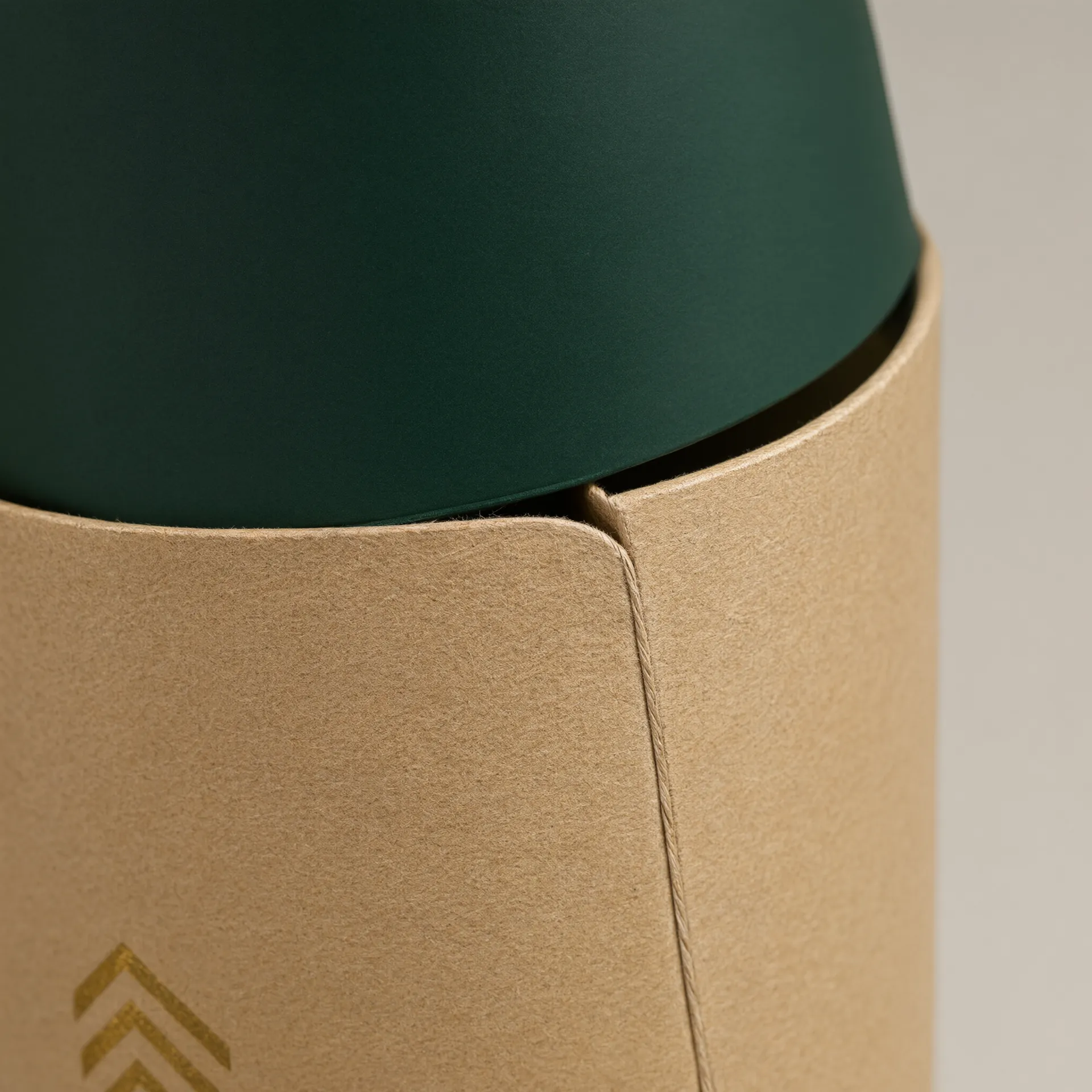 Close-up of a forest-green telescoping cap fitting onto a kraft tube