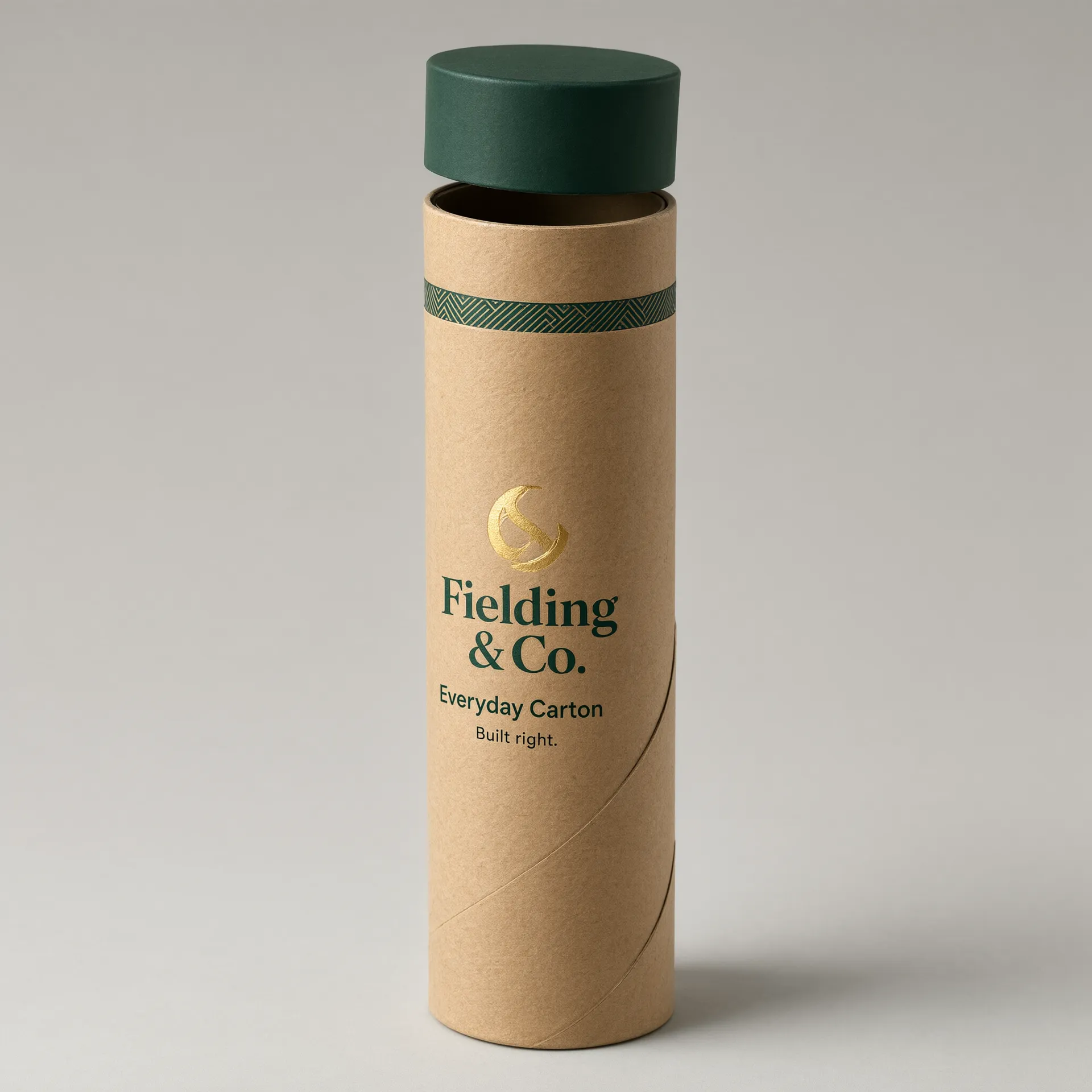 Kraft paperboard tube with a forest-green cap partially lifted off