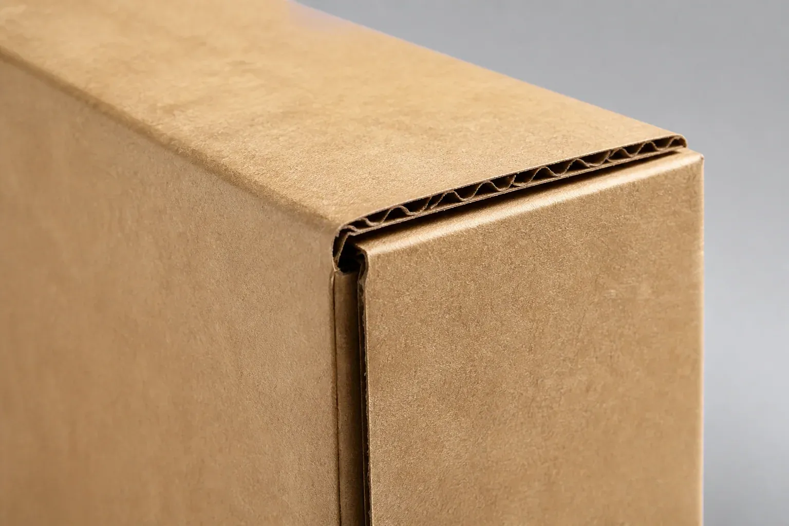 Macro view of linerboard and fluted medium at a corrugated carton corner