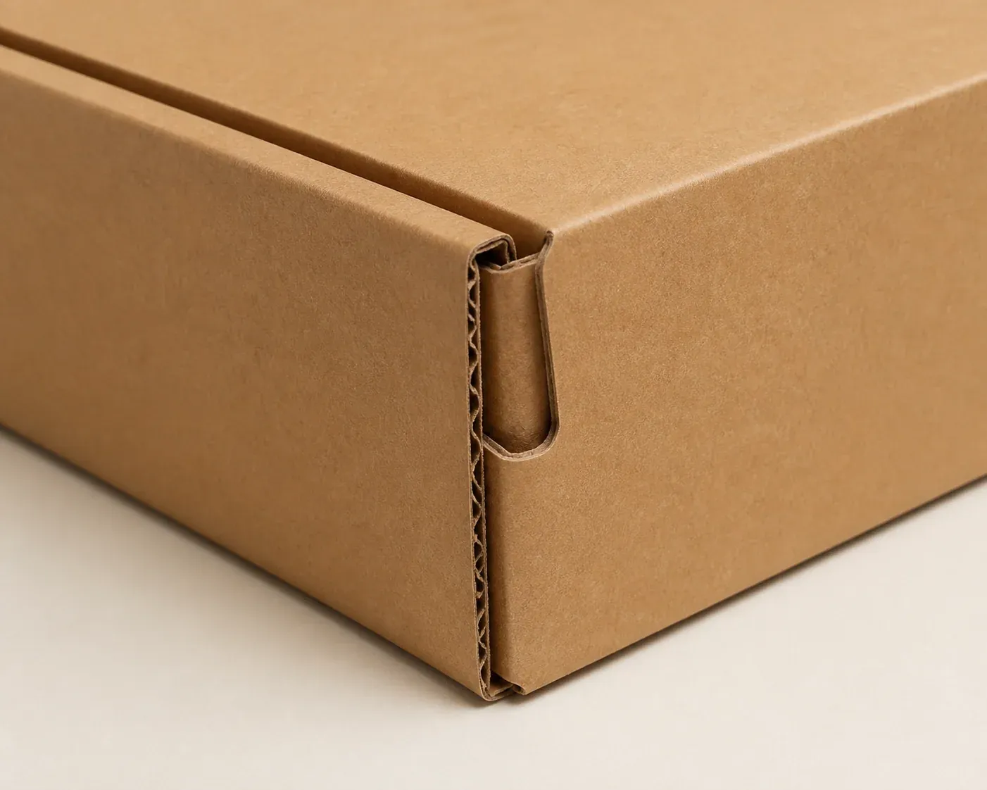 Close view of folded side wall and fluted edge on a kraft mailer box