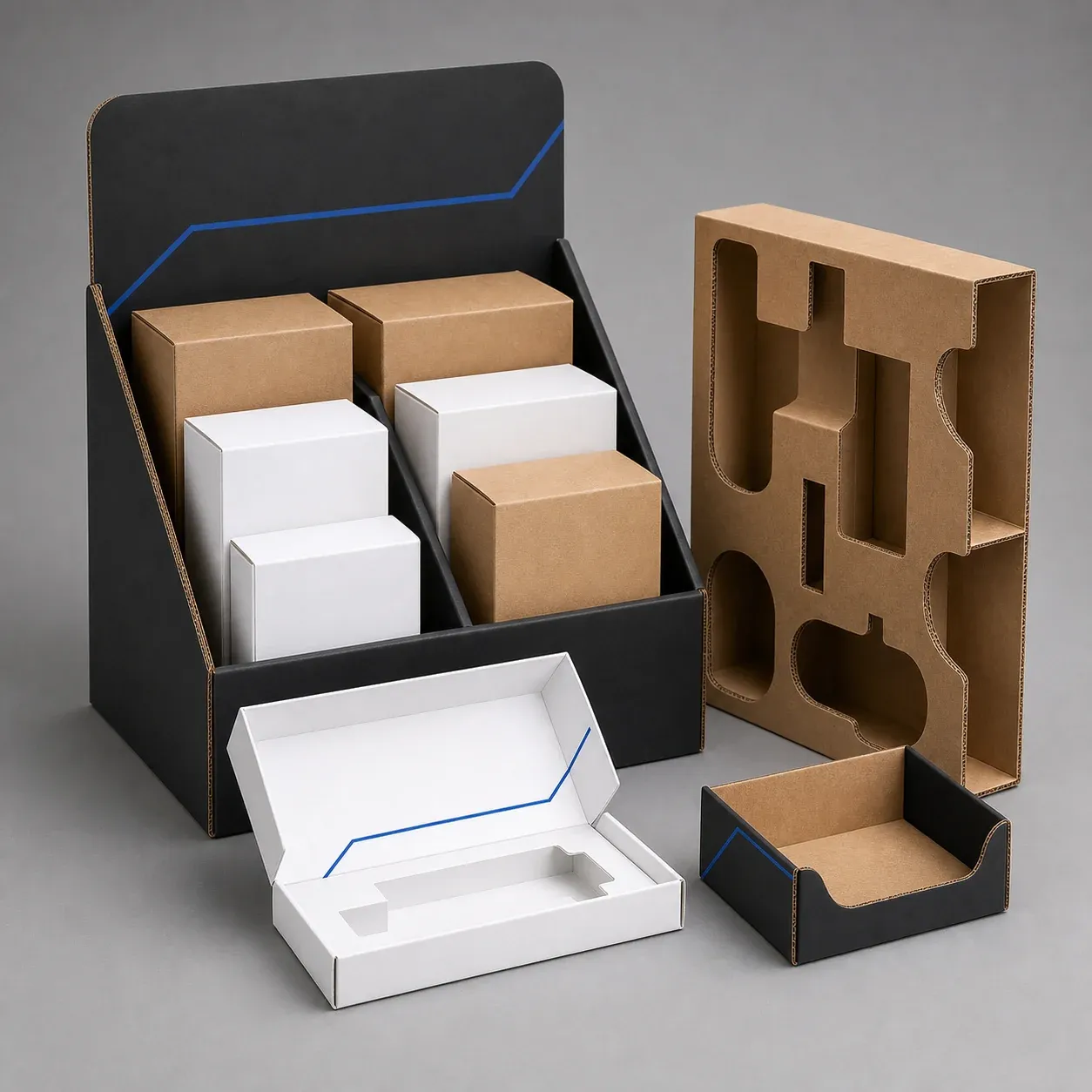 Counter display, corrugated fitment, and paperboard product insert