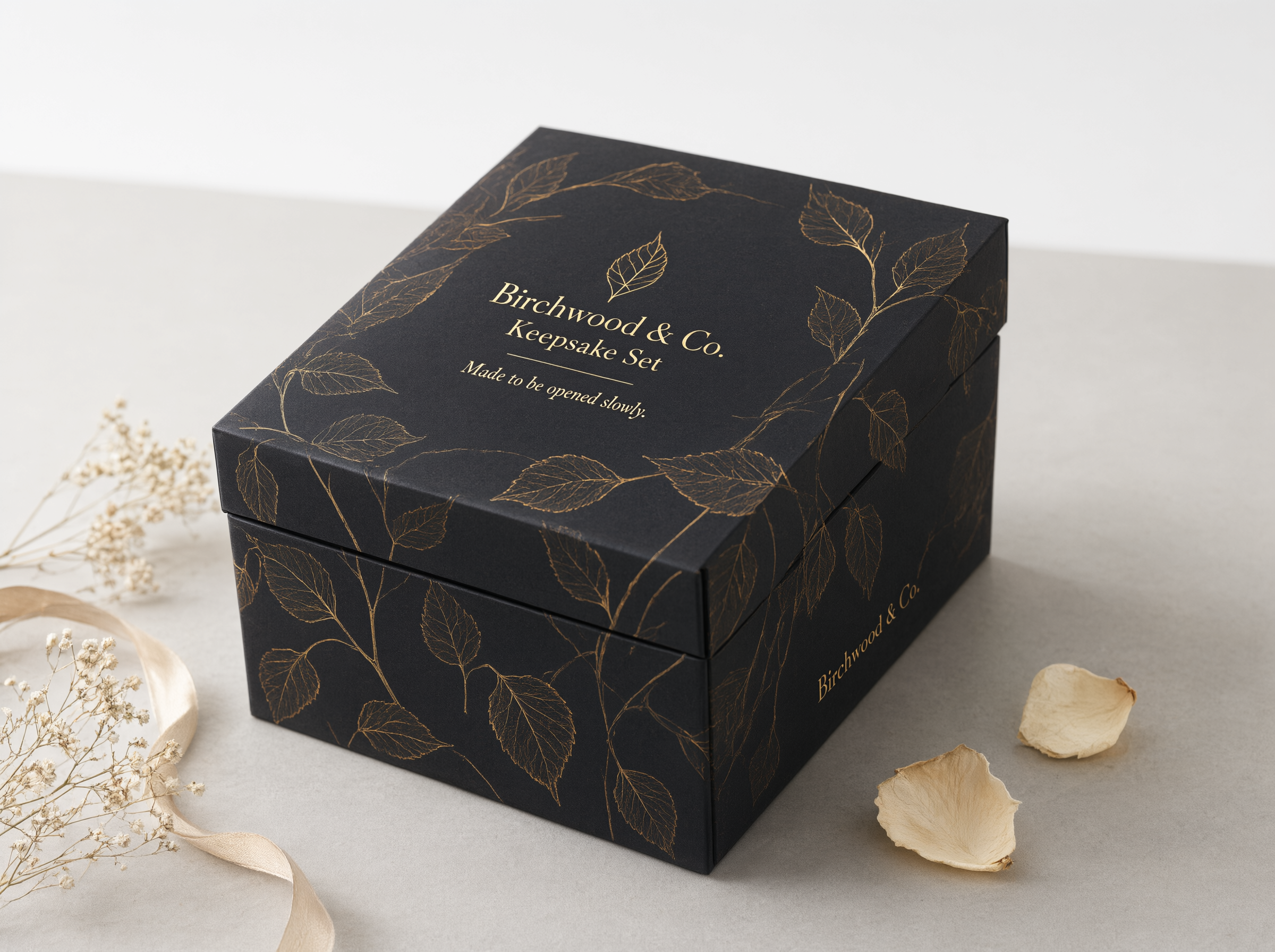 Small charcoal rigid earring box styled on a neutral surface as a presented gift