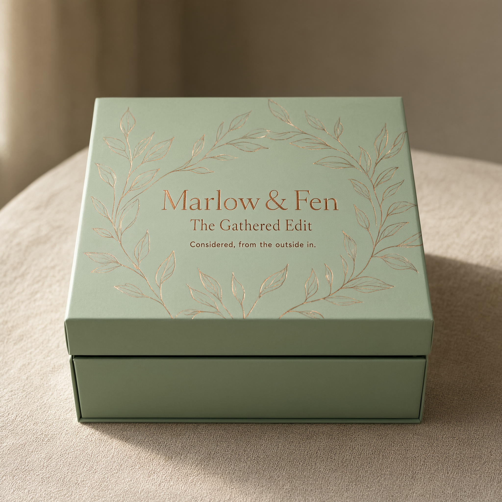 Sage green rigid gift box styled on a neutral surface as a presented multi-item gift
