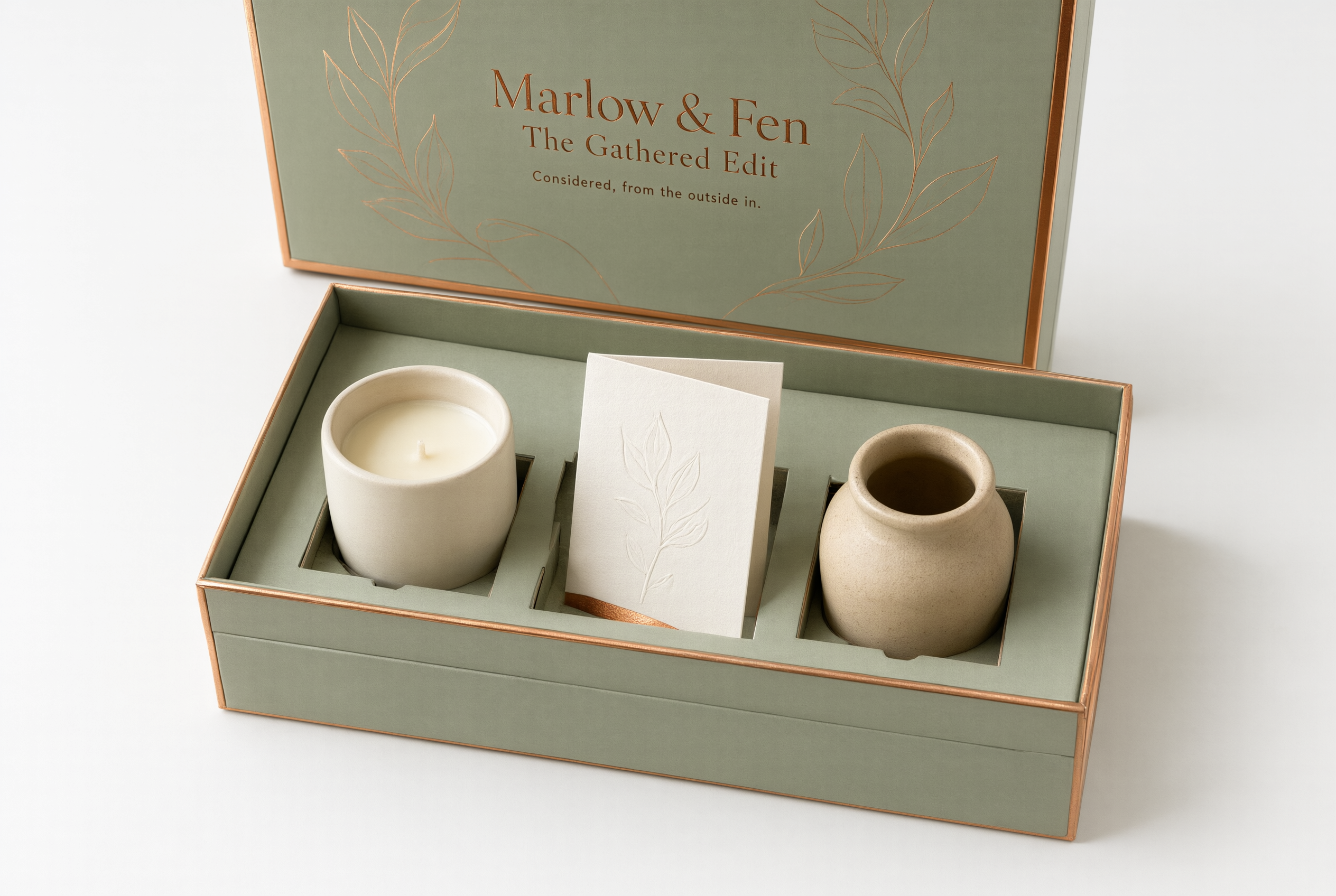 Open sage green gift box showing a fitted tray holding three items apart