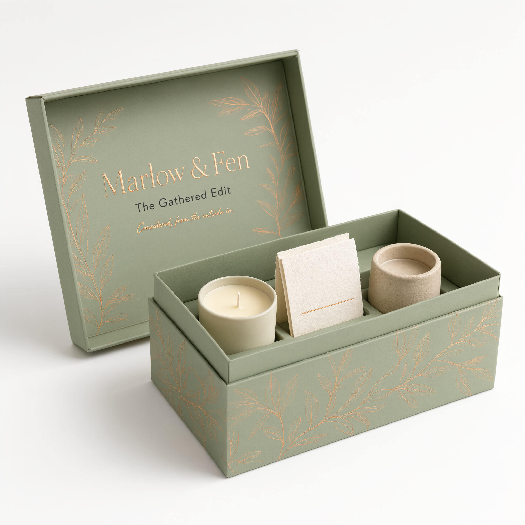 Open sage green rigid gift box showing a candle, card, and jar in a fitted tray