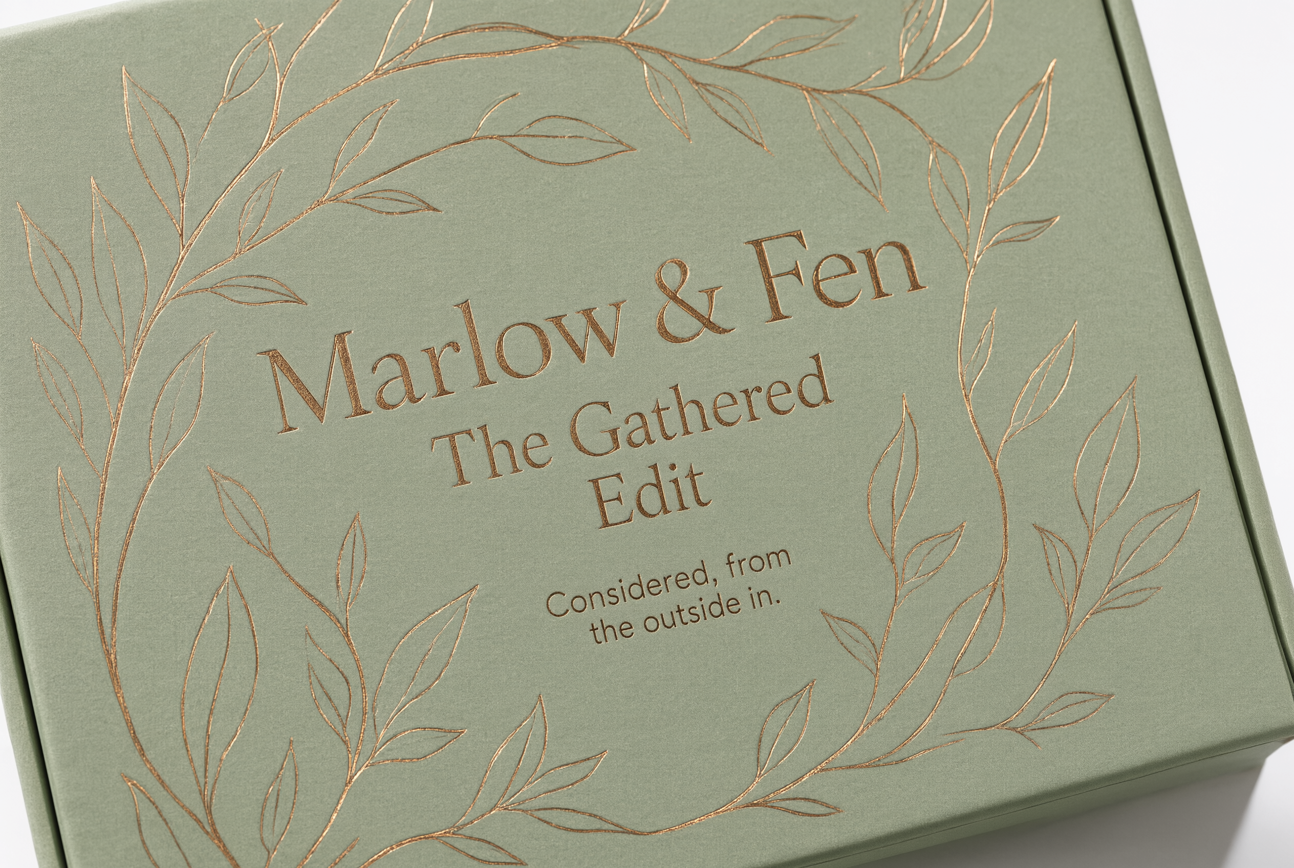 Close-up of copper foil stamping on sage green matte-laminated paperboard