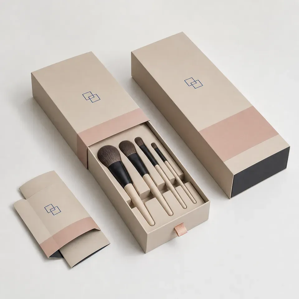 Easybox drawer package with fitted makeup brush set