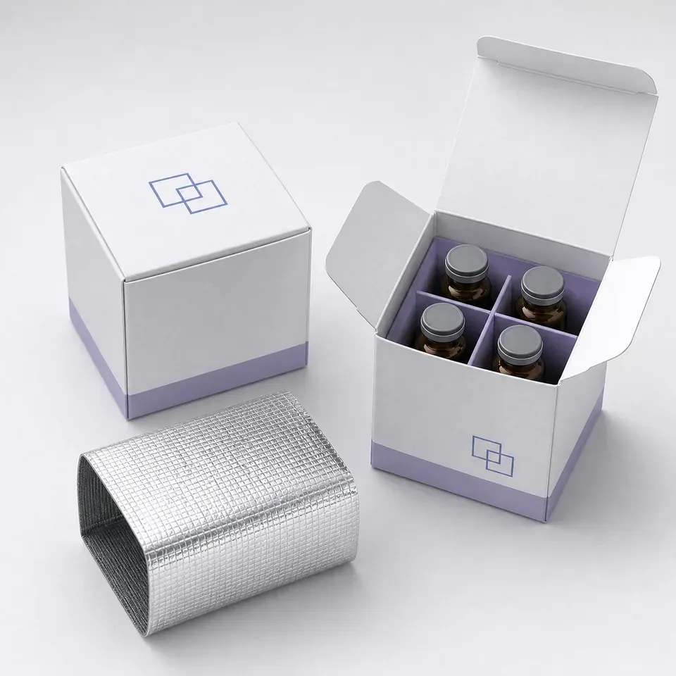 Easybox peptide vial carton with four divided amber vials