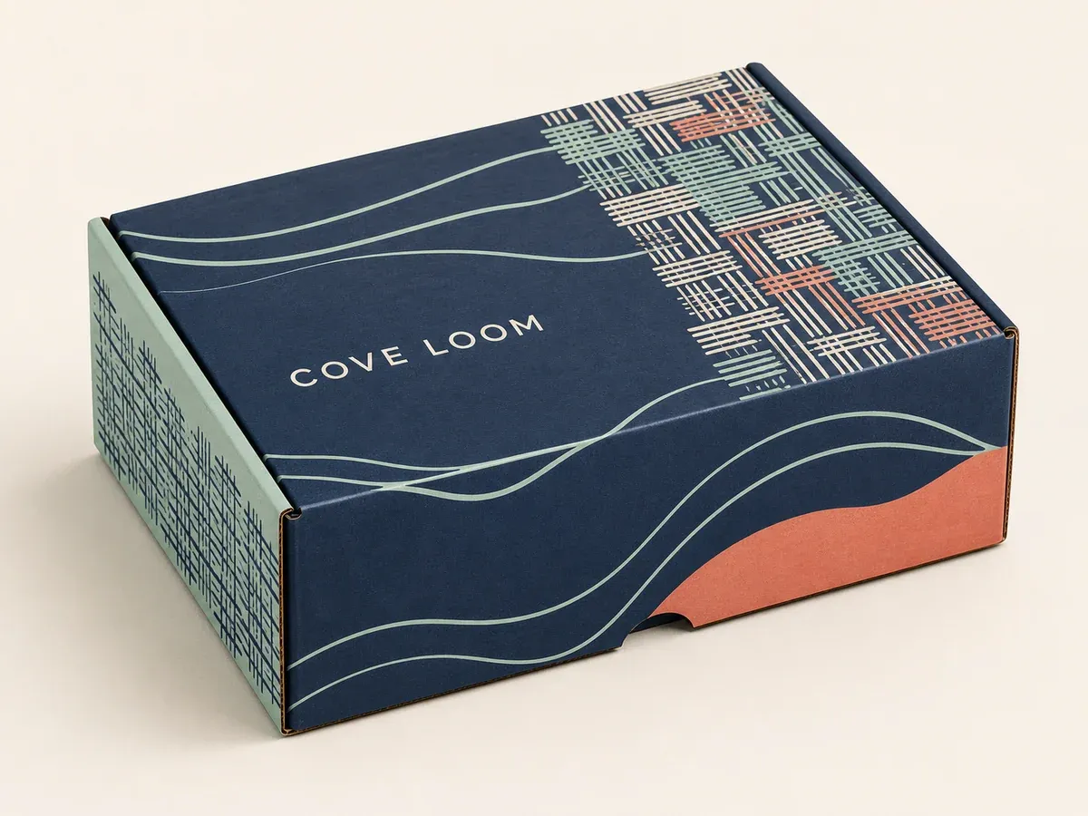 Illustrative custom-printed subscription mailer box in navy, seafoam, coral, and ivory