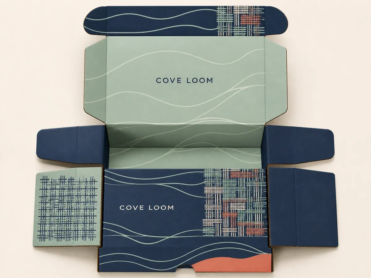 Illustrative top-down custom print layout across subscription mailer box panels