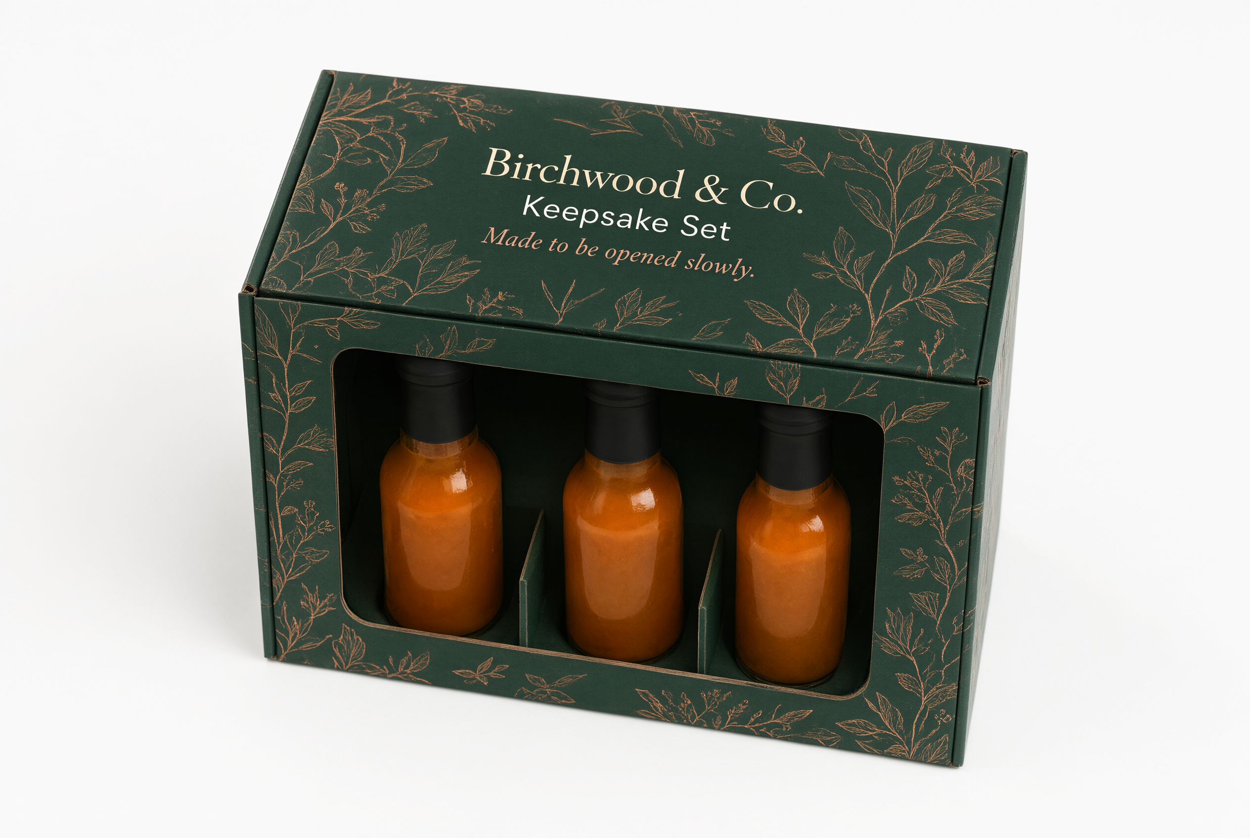 Closed forest green rigid gift box with a window showing three amber sauce bottles inside